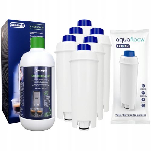  6× Filtru de apă pentru aparat de cafea AquaFloow Longi alb + Delonghi Ecodecalk DLSC500 detartrant 500 ml