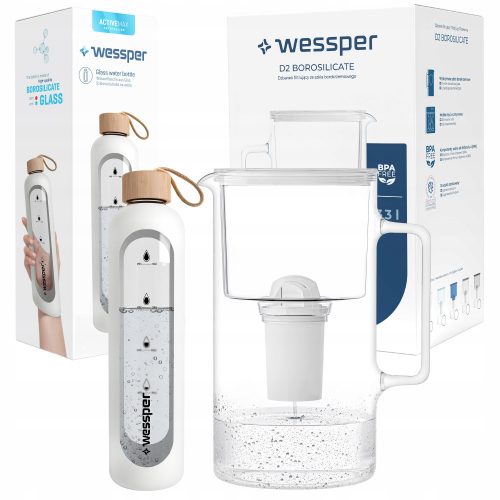  Wessper D2 Borosilicat Aquaclassic ulcior cu filtru 3,3 l alb + sticla Wessper 1000 ml