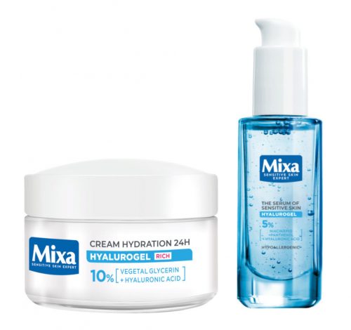  Set Mixa Hyalurogel: crema de fata bogata hidratanta pentru zi si noapte pentru piele sensibila 50 ml, ser hipoalergenic cu acid hialuronic 30 ml