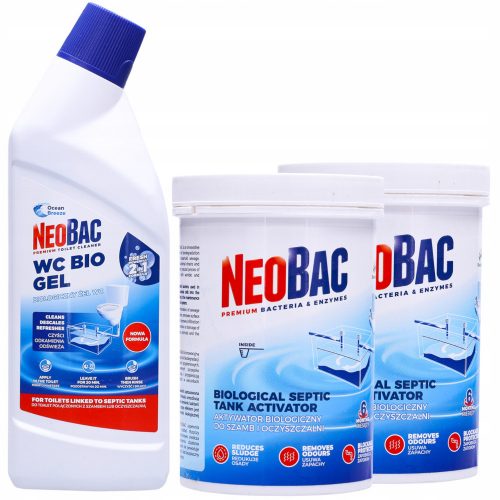  2× NeoBac pulbere preparat fosa septica 0,6 l 0,6 kg + gel de curatare a toaletei NeoBac 750 ml