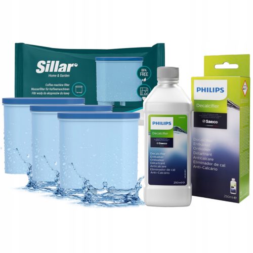  Filtru de apă Sillar pentru aparatele de cafea Philips Saeco, 3 buc + agent de detartrare lichid pentru Decalcifier Philips Saeco 0,25 l