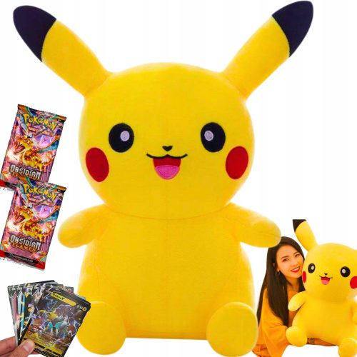  PIKACHU POKEMON MASCOTA DE PELUȘ MARE XXL 65 CM + 2× Cărți Pokemon OBSIDIAN FLAMES 1 plic de 10 cărți