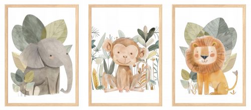  Set 3 postere 30x40 cm Cute Animals Safari Wild Lion Elephant Monkey