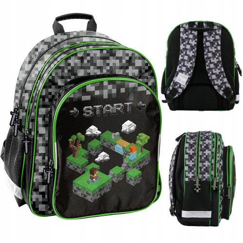  Rucsac școlar Minecraft cu mai multe compartimente Paso negru, Nuanțe de gri și argintiu, Nuanțe de verde, Multicolor 18 l