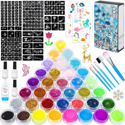  TATUAJURI GLITTER PENTRU COPII SET MARE 36 paiete sclipici 187 stencils