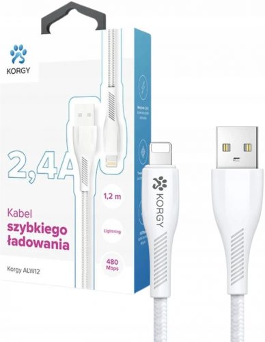  Korgy USB-A - cablu împletit iPhone 1,2m alb Încărcare rapidă 2,4A