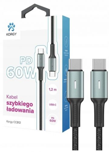  Cablu USB-C - USB-C Korgy CCB12 60W 1.2m Negru Nailon împletitură Diodă