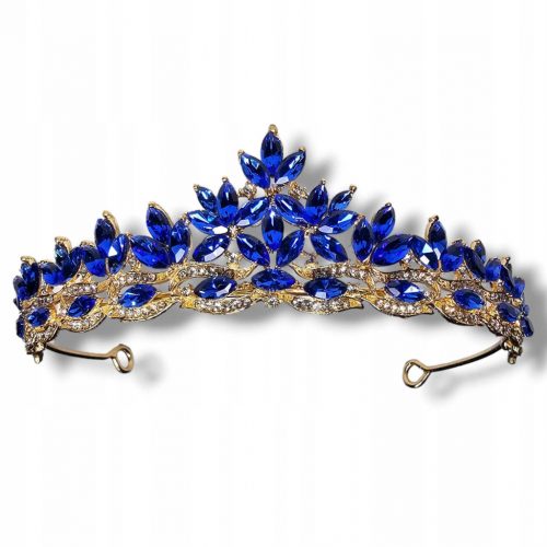  Diadem de nunta de aur, tiara, coroana cu pietre albastre floarea de colt si zirconi