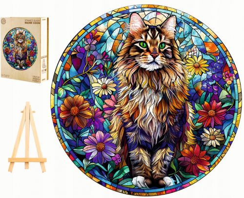  PUZZLE MARE DIN LEMN 300 BUCĂȚI VITRALII MAINE COON ÎN CUTIE DE LEMN