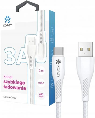  Korgy ACW20 Cablu USB-A - USB-C 2m Încărcare rapidă din nailon împletitură albă