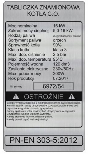  Plăcuță de identificare pentru cuptor cu boiler conform datelor 15x8 CM