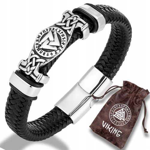  Brățară VIKING împletită din piele Valknut oțel 316L